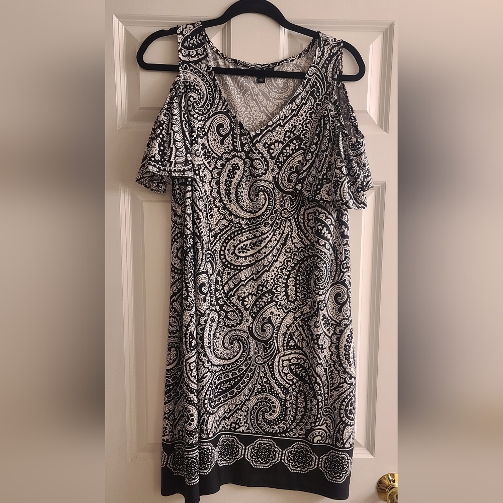 MSK One Shoulder Black and White Paisley Dress